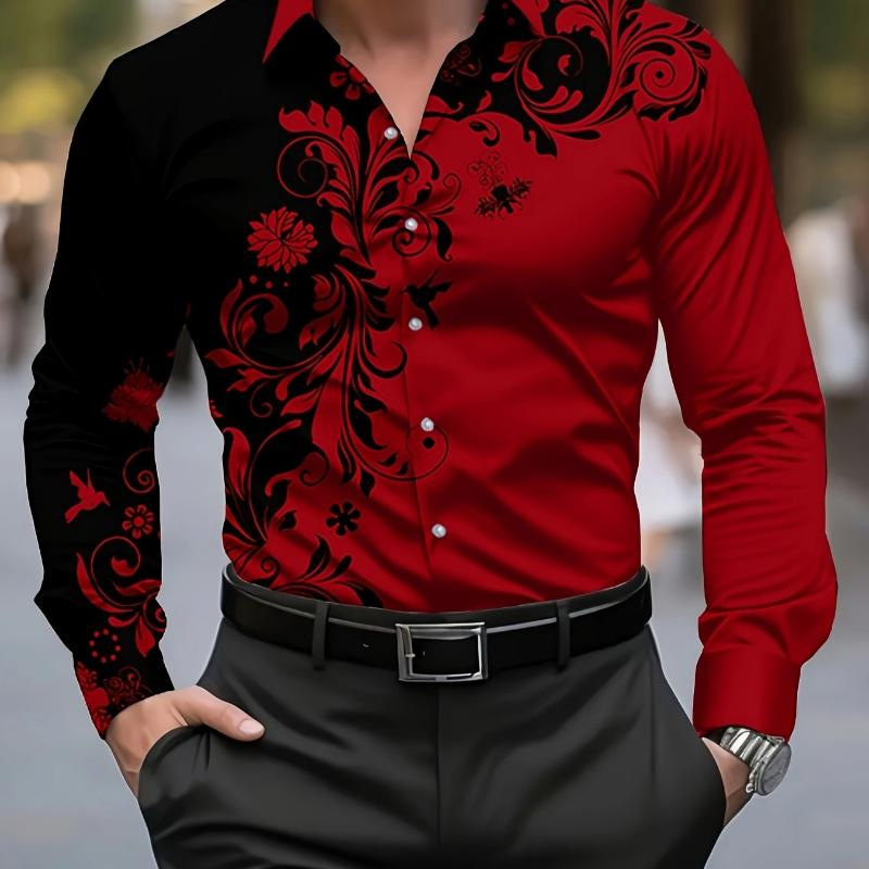 Men geometric print lapel long‑sleeve shirt, casual top for spring autumn ，Spring and Autumn men's casual lapel long sleeved shirt 3D printed men's trendy shirt men's clothing