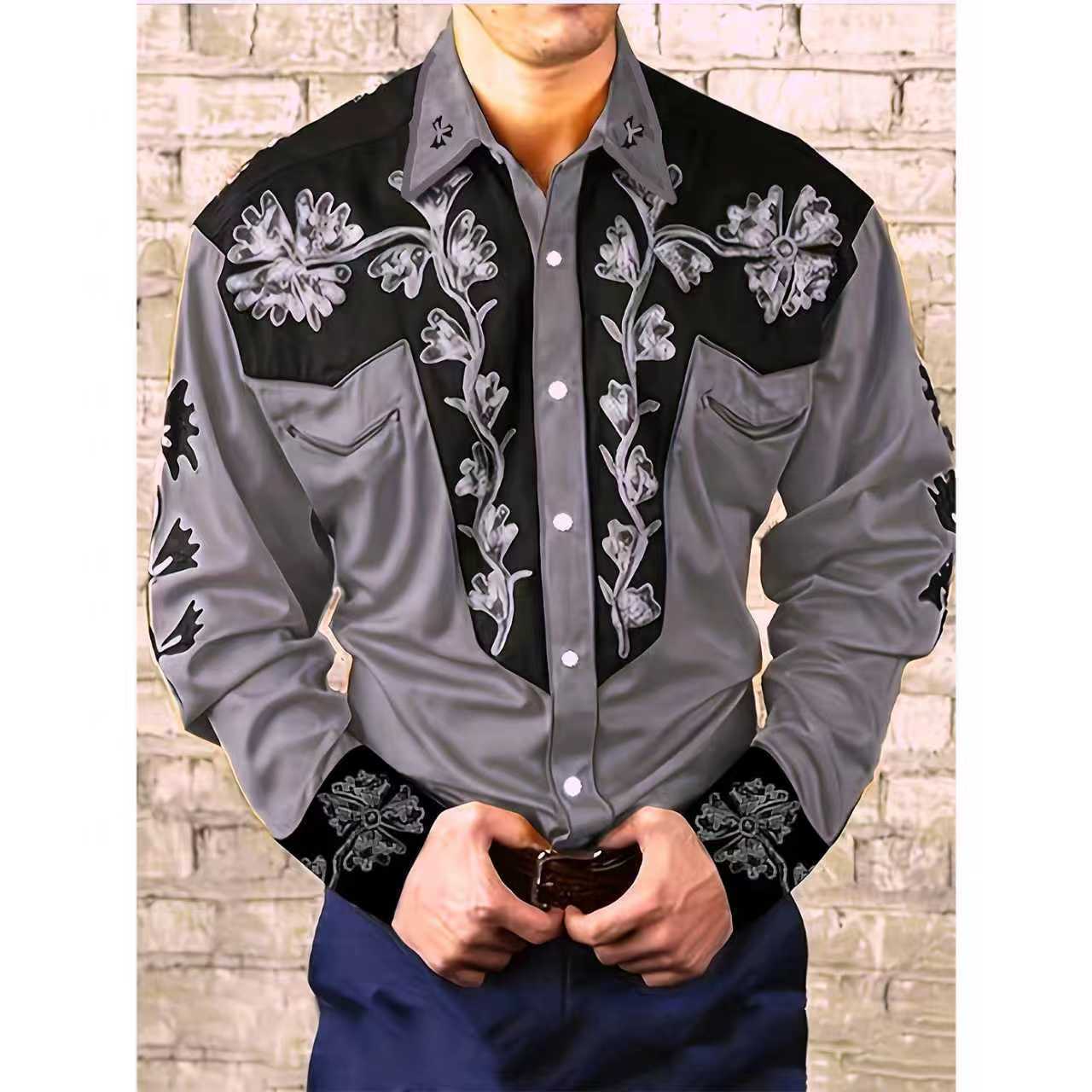 Men geometric print lapel long‑sleeve shirt, casual top for spring autumn ，Spring and Autumn men's casual lapel long sleeved shirt 3D printed men's trendy shirt men's clothing