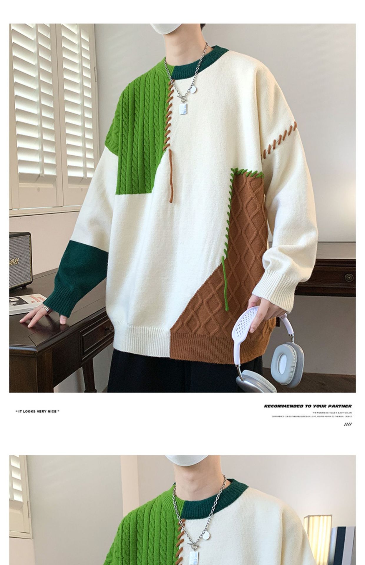 Autumn Winter Warm Mens Knitted Sweaters Fashion Patchwork O Neck Knit Pullovers Korean Streetwear Pullover Casual Mens Clothing