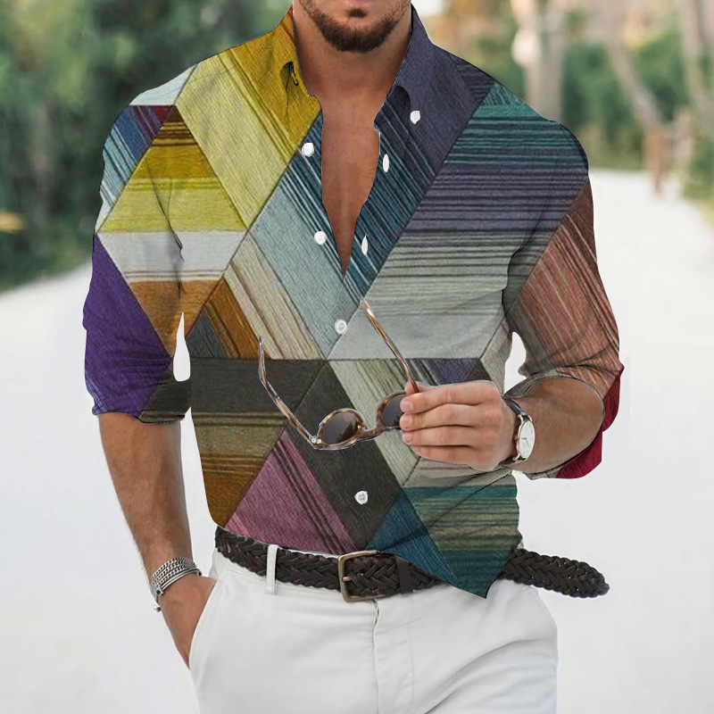 Men geometric print lapel long‑sleeve shirt, casual top for spring autumn ，Spring and Autumn men's casual lapel long sleeved shirt 3D printed men's trendy shirt men's clothing