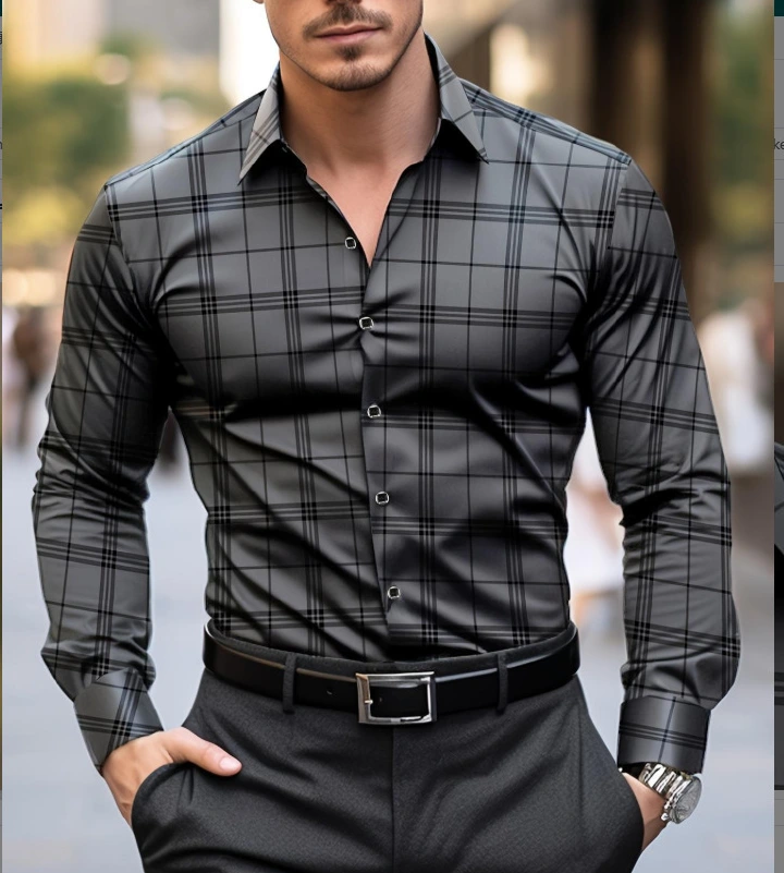 Men geometric print lapel long‑sleeve shirt, casual top for spring autumn ，Spring and Autumn men's casual lapel long sleeved shirt 3D printed men's trendy shirt men's clothing