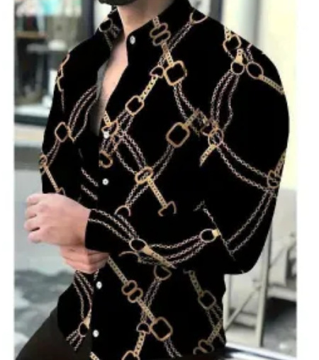 Men geometric print lapel long‑sleeve shirt, casual top for spring autumn ，Spring and Autumn men's casual lapel long sleeved shirt 3D printed men's trendy shirt men's clothing