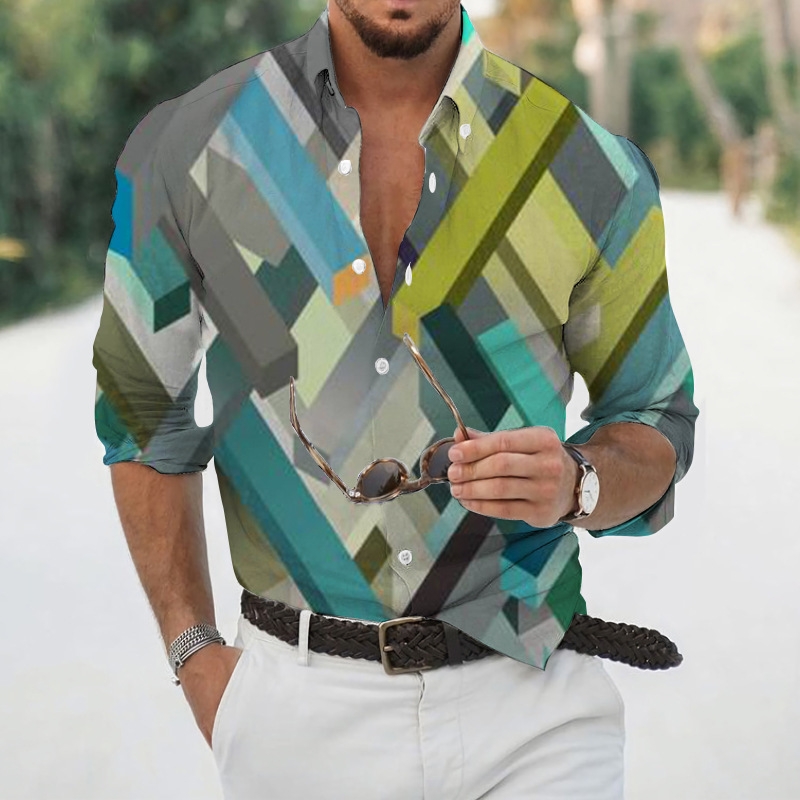 Men geometric print lapel long‑sleeve shirt, casual top for spring autumn ，Spring and Autumn men's casual lapel long sleeved shirt 3D printed men's trendy shirt men's clothing