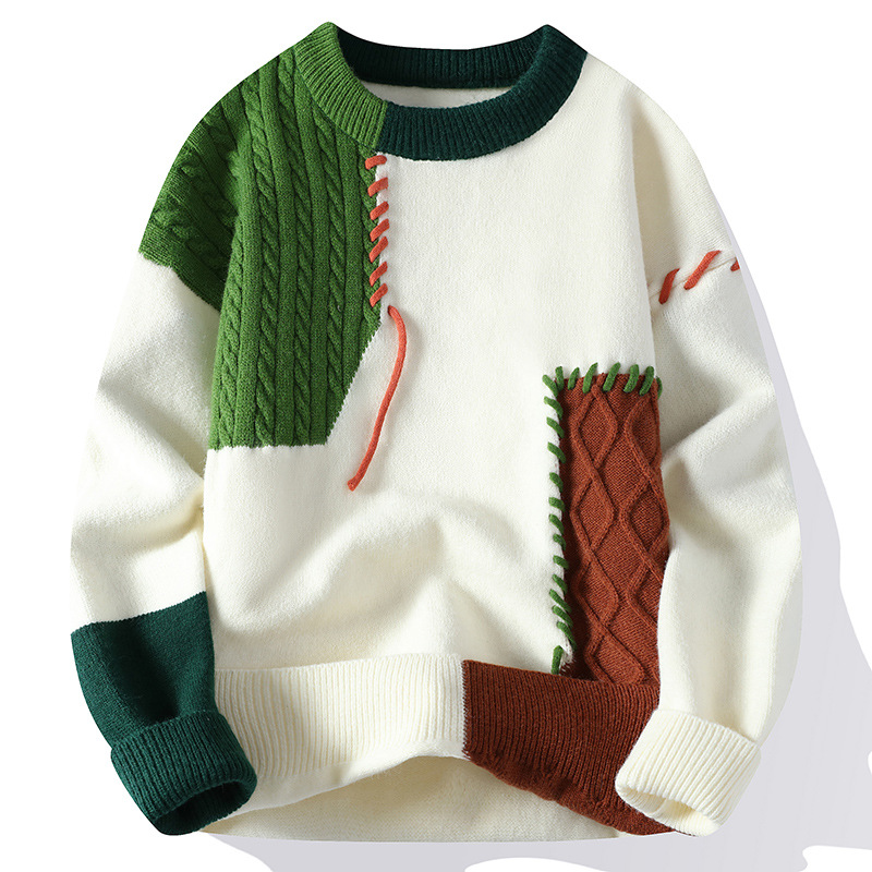 Autumn Winter Warm Mens Knitted Sweaters Fashion Patchwork O Neck Knit Pullovers Korean Streetwear Pullover Casual Mens Clothing