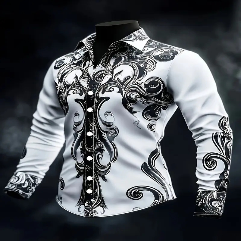 Men geometric print lapel long‑sleeve shirt, casual top for spring autumn ，Spring and Autumn men's casual lapel long sleeved shirt 3D printed men's trendy shirt men's clothing