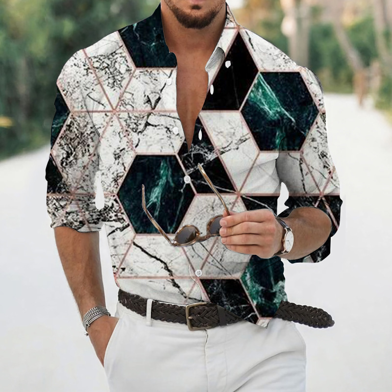 Men geometric print lapel long‑sleeve shirt, casual top for spring autumn ，Spring and Autumn men's casual lapel long sleeved shirt 3D printed men's trendy shirt men's clothing