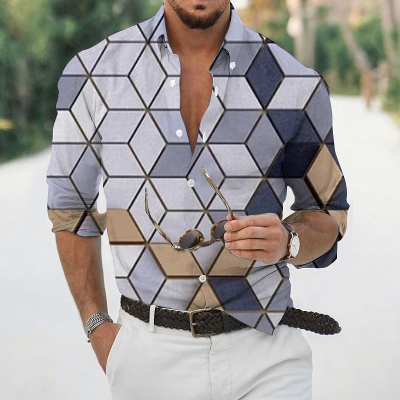 Men geometric print lapel long‑sleeve shirt, casual top for spring autumn ，Spring and Autumn men's casual lapel long sleeved shirt 3D printed men's trendy shirt men's clothing