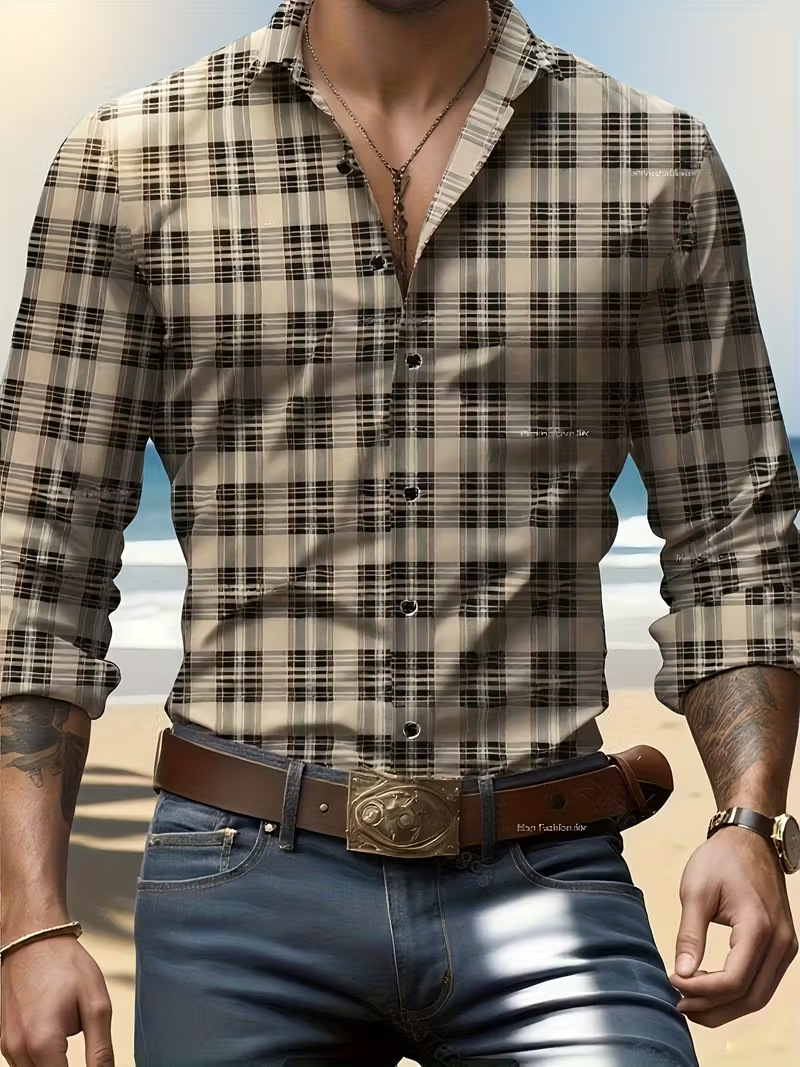 Men geometric print lapel long‑sleeve shirt, casual top for spring autumn ，Spring and Autumn men's casual lapel long sleeved shirt 3D printed men's trendy shirt men's clothing