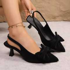 WOMEN’S POINTED-TOE BOW EMBELLISHED SLINGBACK KITTEN HEELS