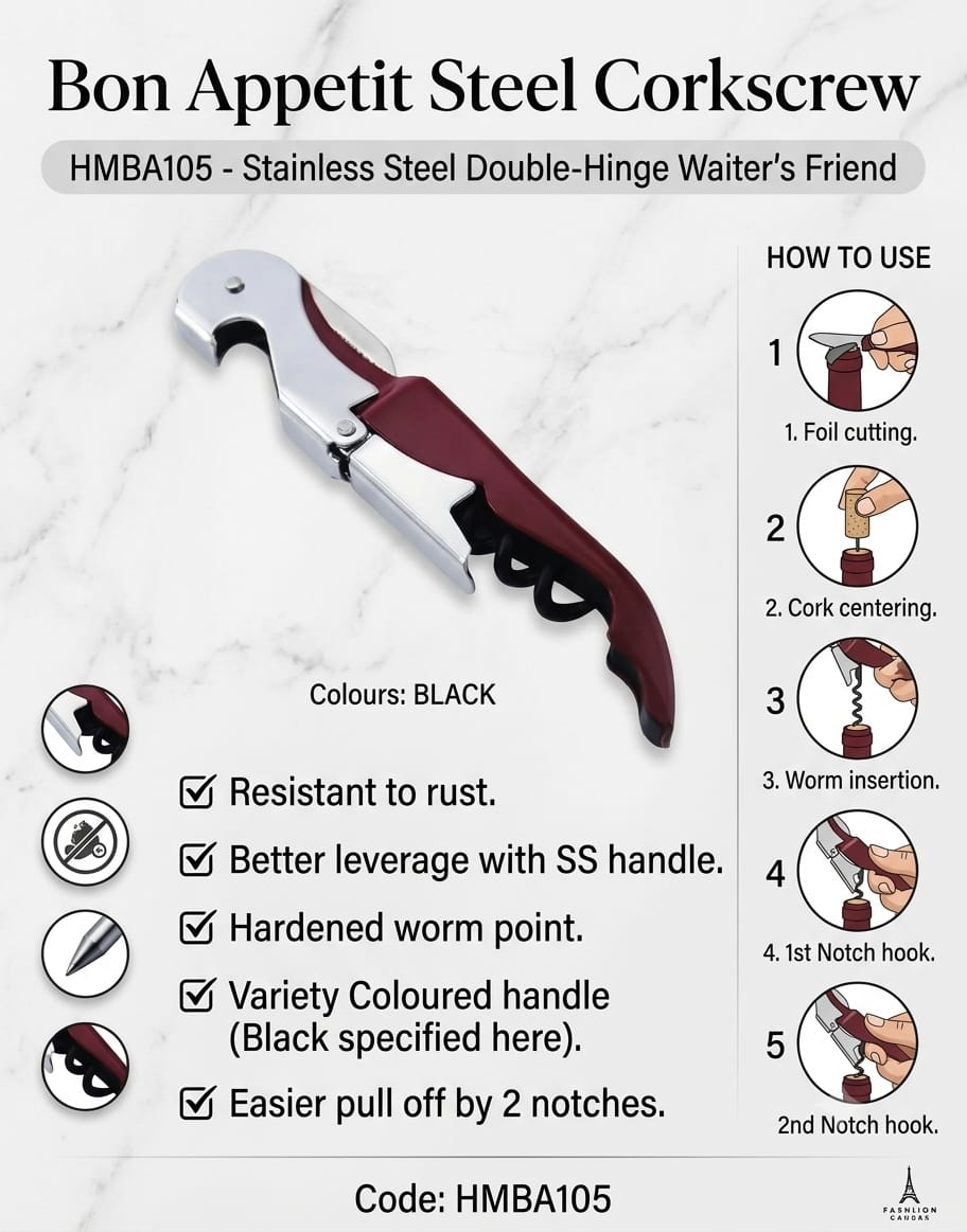 BON APPETIT STAINLESS STEEL DOUBLE-HINGE WAITER'S FRIEND CORKSCREW