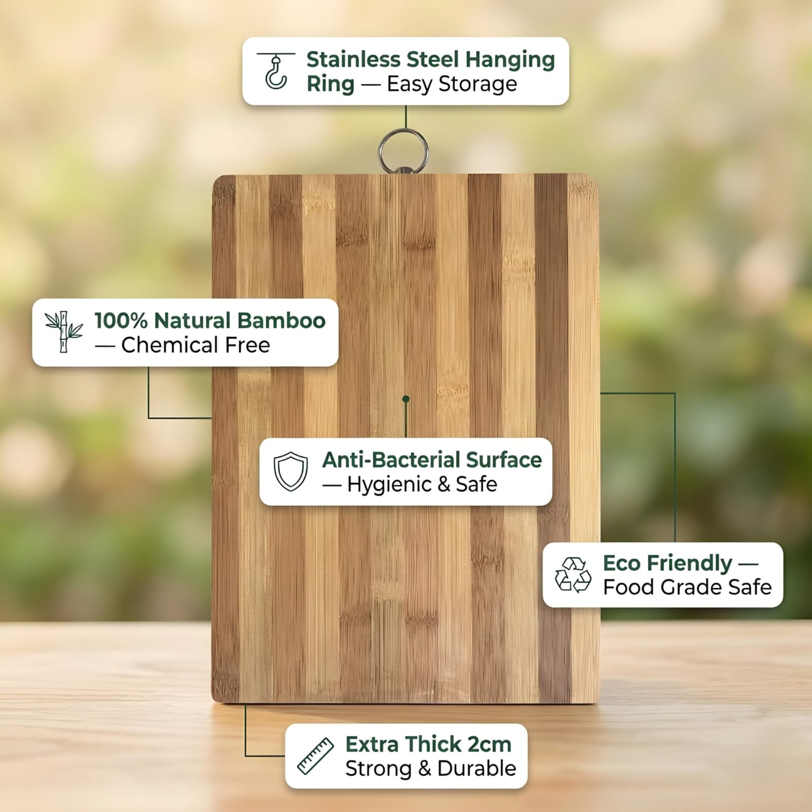 Bamboo Wooden Chopping Board for Kitchen | Thick Heavy Cutting Board with Steel Hanging Ring | 30 x 20 x 1.5 cm | Wooden Board for Vegetables, Fruits, Bread & Meat