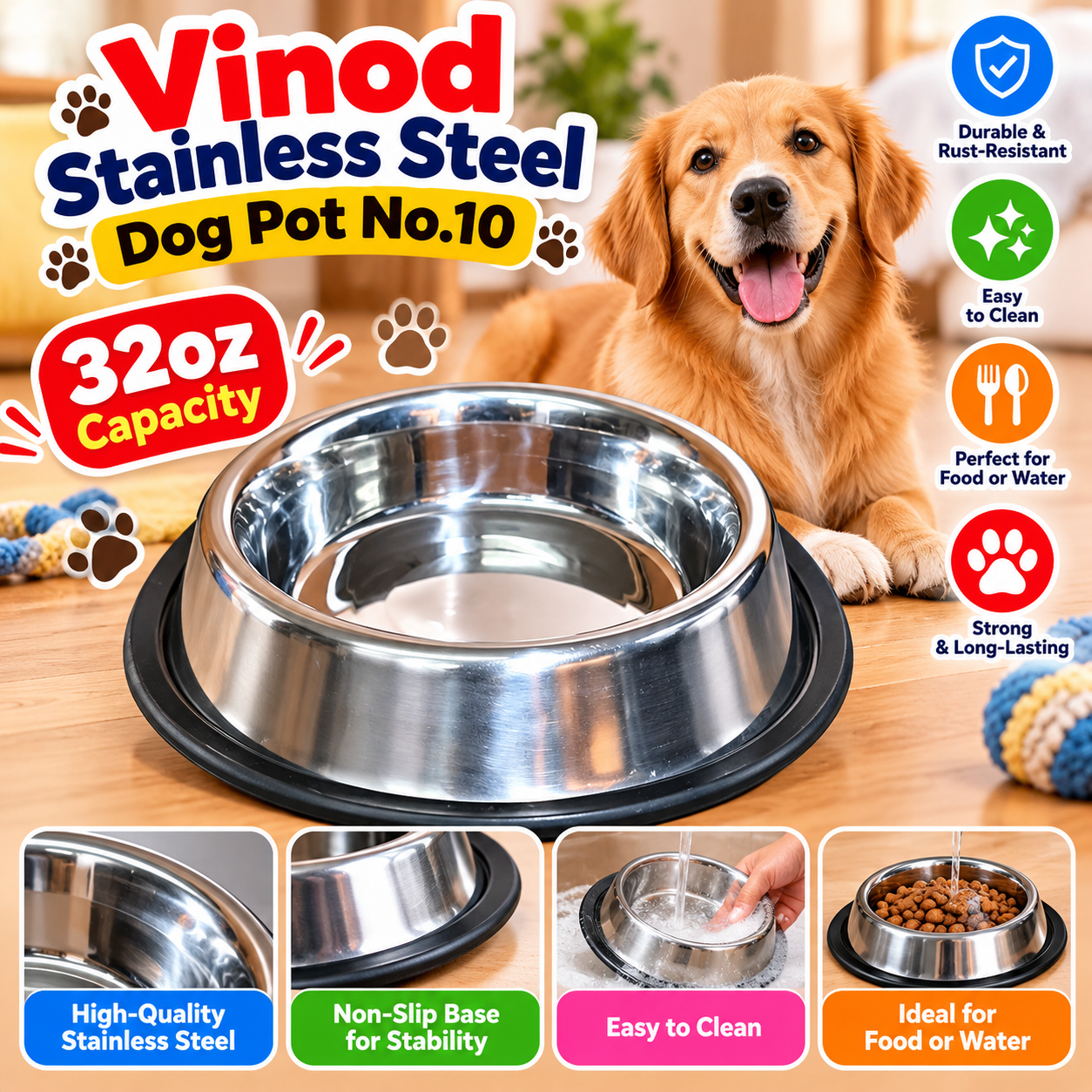 VINOD STAINLESS STEEL DOG POT / PET BOWL NO. 10 – 32OZ