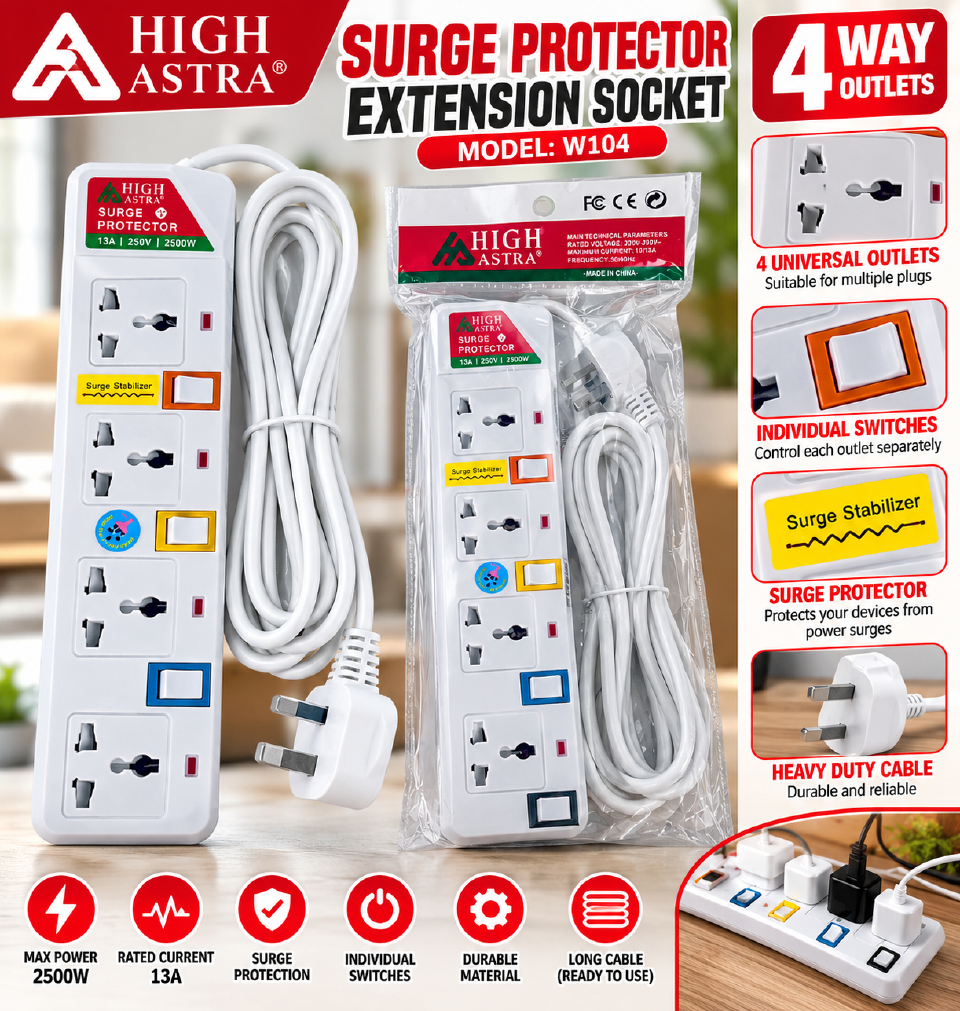 HIGH ASTRA 4-WAY SURGE PROTECTOR EXTENSION SOCKET (2500W / 13A)