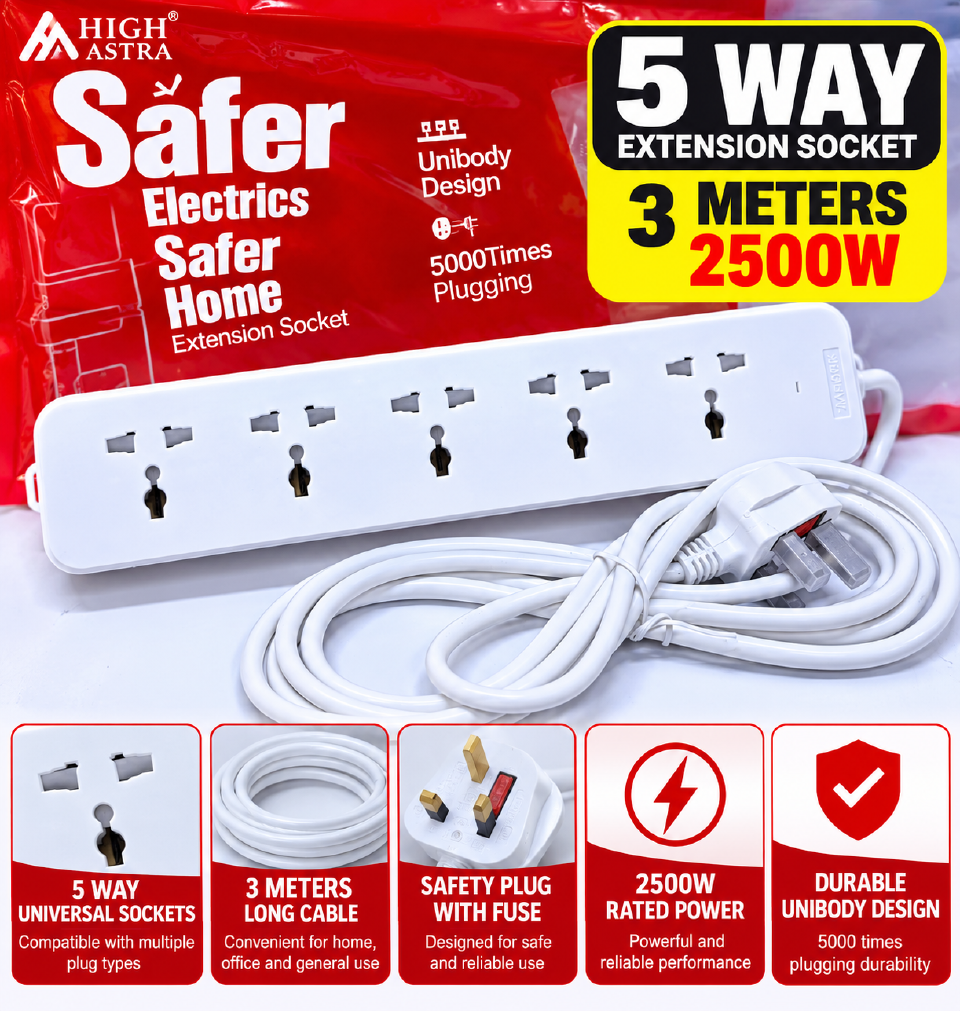HIGH ASTRA UNIBODY 5-WAY EXTENSION SOCKET (2500W / 3M)