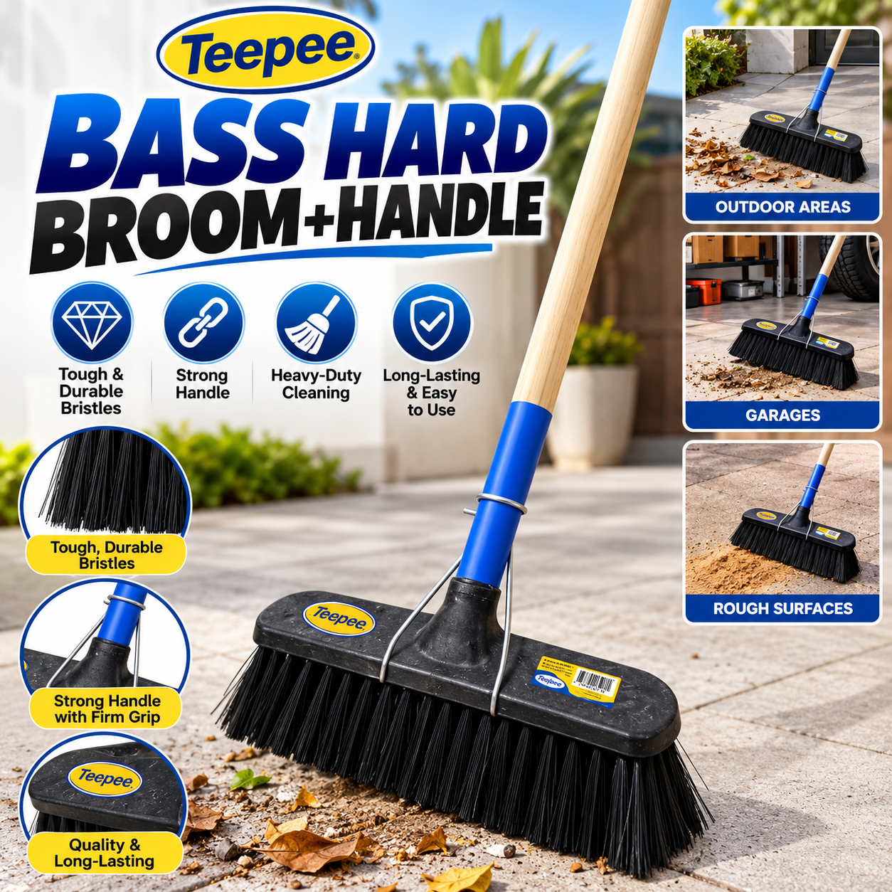 Teepee Bass Hard Broom with Wooden Handle