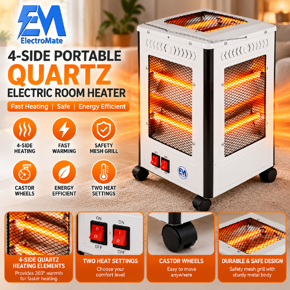 ElectroMate 4-Side Portable Quartz Electric Room Heater with Castor Wheels