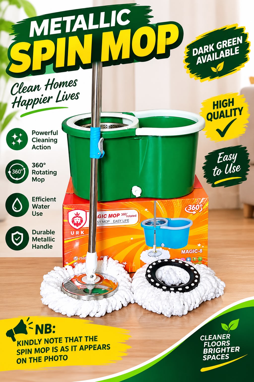 URK METALLIC SPIN BUCKET MOP & 360° ROTATING MICROFIBER FLOOR CLEANING SYSTEM