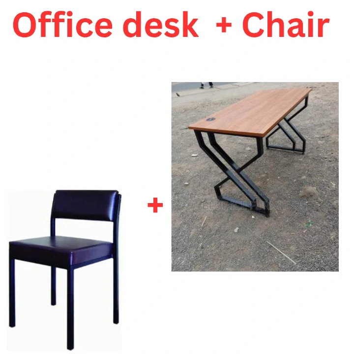 1.2M Modern Industrial Office Desk with Padded Side Chair – Brown & Gray Desk with Dark Chair, Office Workstation Furniture