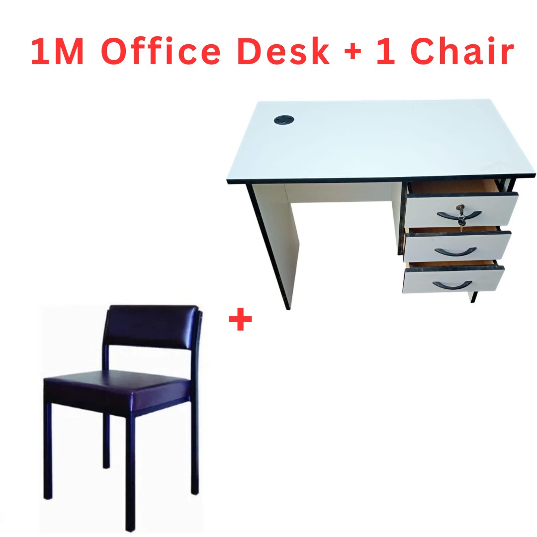 1M Modern Office Desk with 3-Drawer Lockable Cabinet & Dark Upholstered Office Chair – White/Brown
