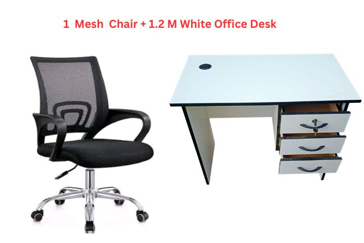 1.2M Office Desk with 3-Drawer Pedestal & Ergonomic Mesh Office Chair – White/Brown