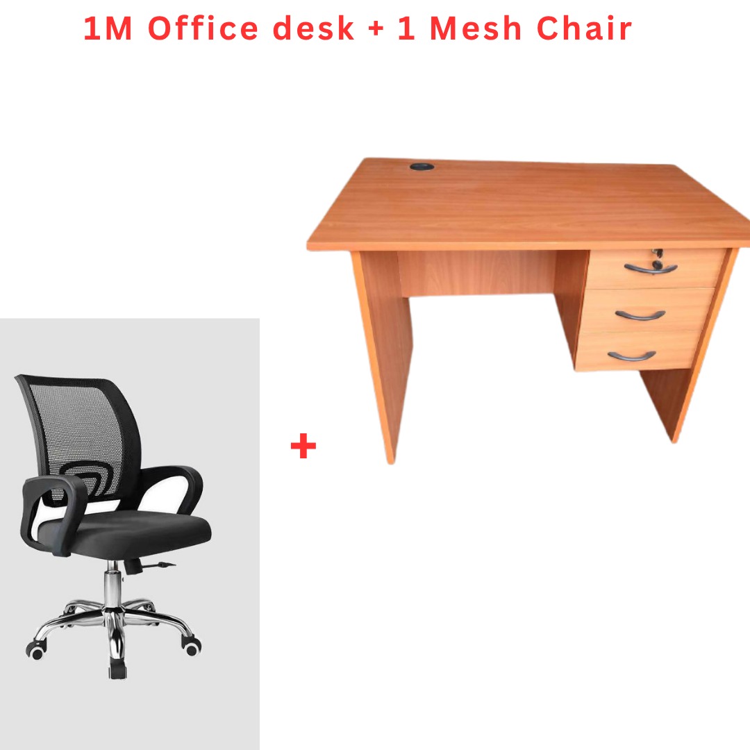 1M Gray & Brown Office Desk with Drawers & Black Secretarial Mesh Chair – Compact Home Office Study Desk and Chair Set