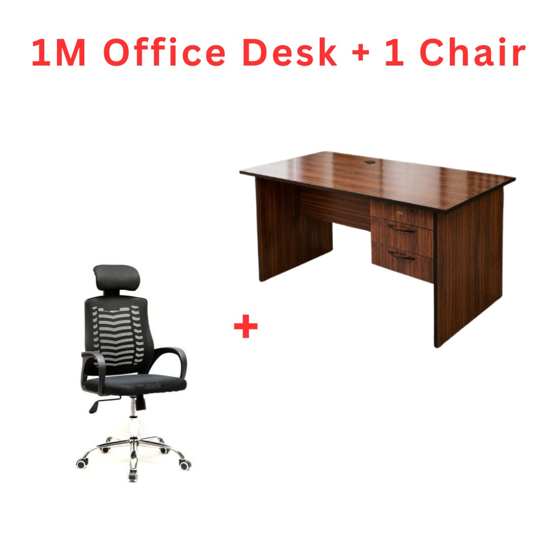 1M Modern Office Desk with 3-Drawer Storage Cabinet & Ergonomic Mesh Chair with Headrest – White/Brown