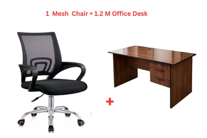 1.2M Office Desk with 3-Drawer Pedestal & Ergonomic Mesh Office Chair – White/Brown