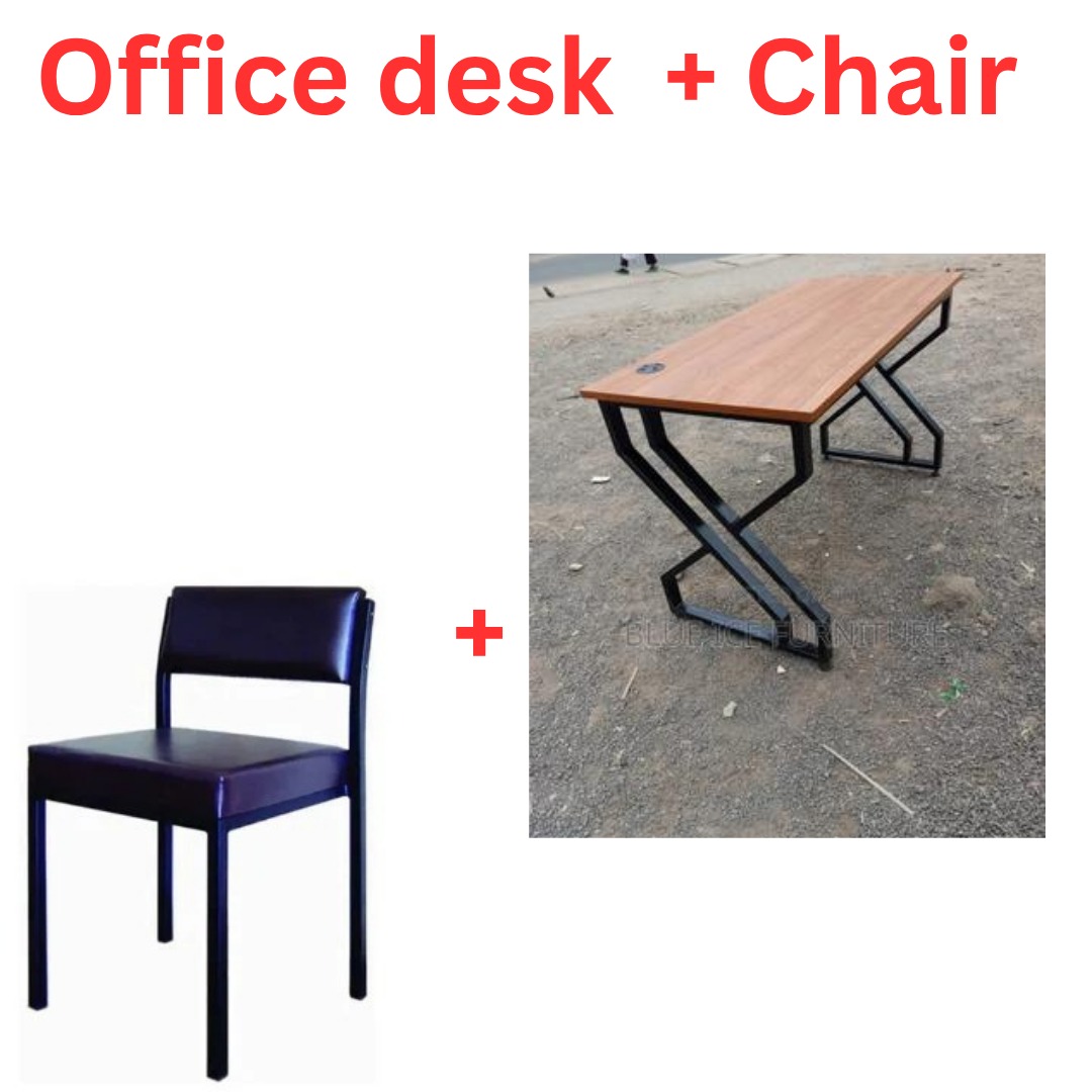 1.2M Modern Industrial Office Desk with Padded Side Chair – Brown & Gray Desk with Dark Chair, Office Workstation Furniture