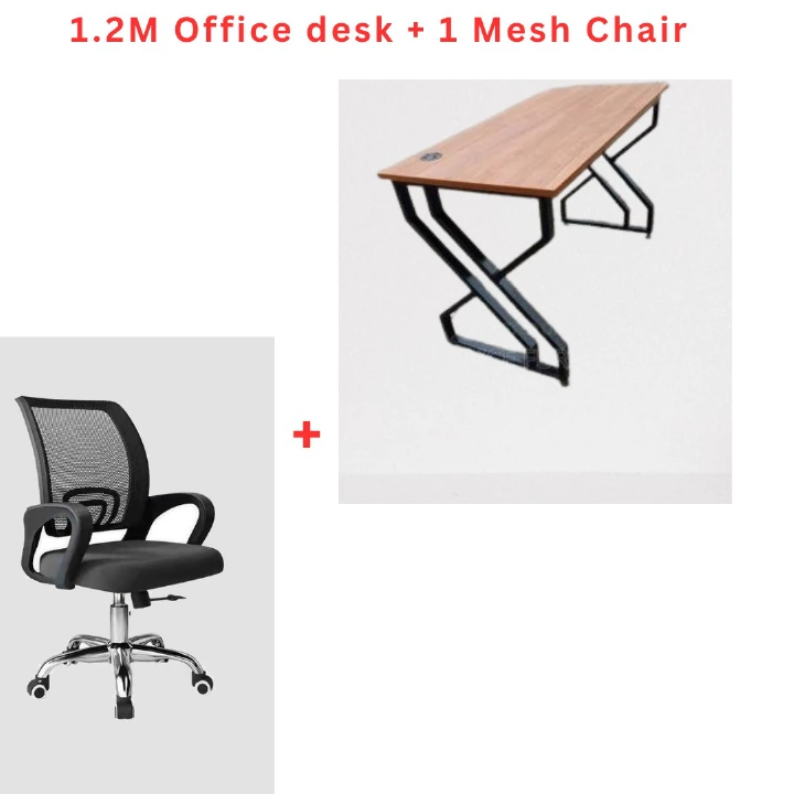 1.2M Gray & Brown Modern Office Desk with Black Mesh Chair – Geometric Metal Frame, Mid-Back Swivel Chair & Wheeled Base Workstation Set