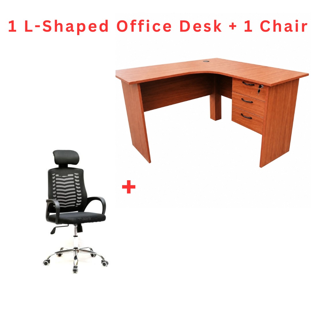 Modern L-Shaped Office Desk with Ergonomic Mesh Swivel Chair & Headrest – Brown/Gray/White