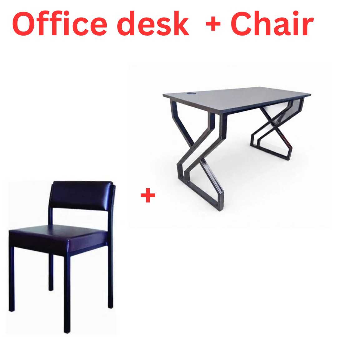 1.2M Modern Industrial Office Desk with Padded Side Chair – Brown & Gray Desk with Dark Chair, Office Workstation Furniture