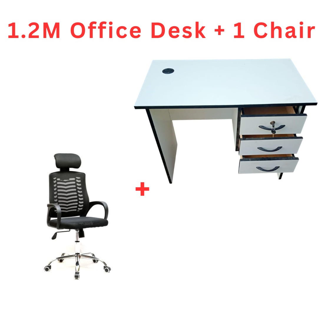 1.2M Modern Office Desk with 3-Drawer Storage Cabinet & Ergonomic Mesh Chair with Headrest – White/Brown