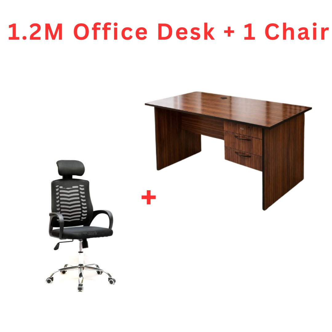 1.2M Modern Office Desk with 3-Drawer Storage Cabinet & Ergonomic Mesh Chair with Headrest – White/Brown