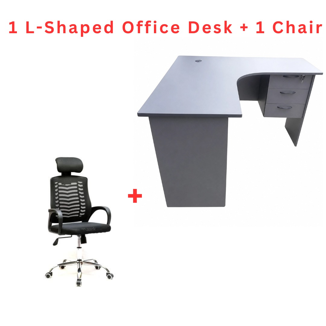 Modern L-Shaped Office Desk with Ergonomic Mesh Swivel Chair & Headrest – Brown/Gray/White