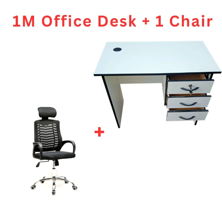 1M Modern Office Desk with 3-Drawer Storage Cabinet & Ergonomic Mesh Chair with Headrest – White/Brown