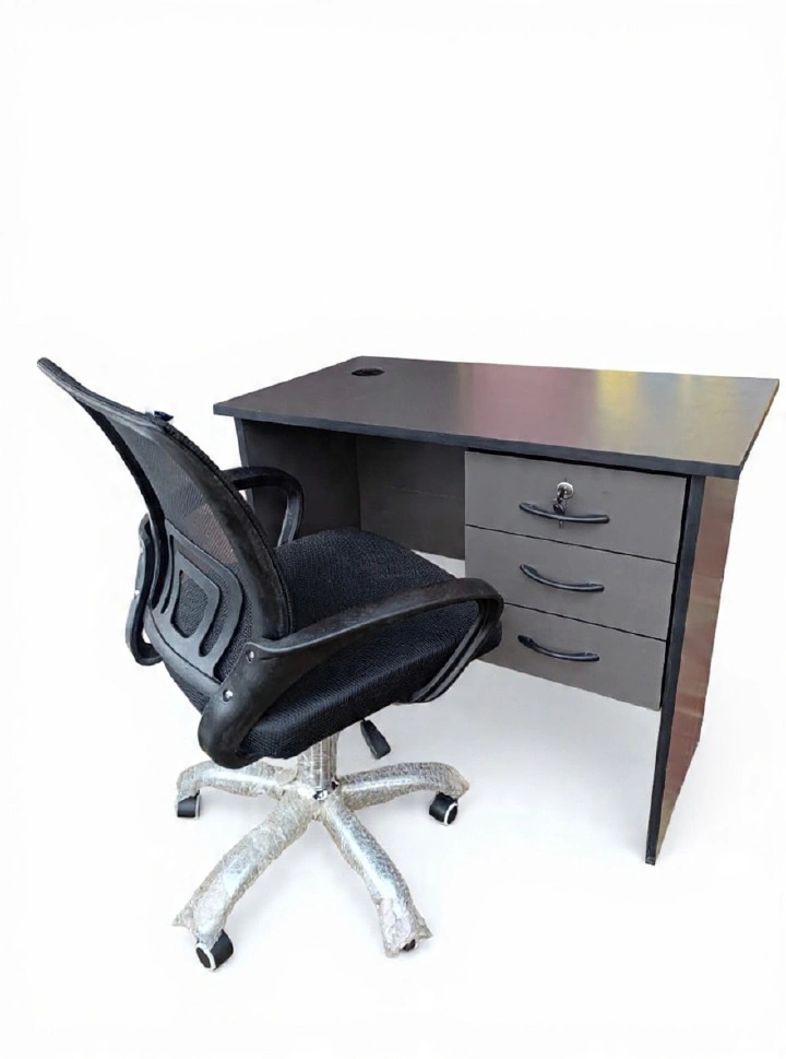 1M Gray & Brown Office Desk with Drawers & Black Secretarial Mesh Chair – Compact Home Office Study Desk and Chair Set