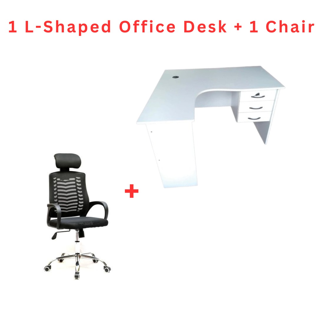 Modern L-Shaped Office Desk with Ergonomic Mesh Swivel Chair & Headrest – Brown/Gray/White