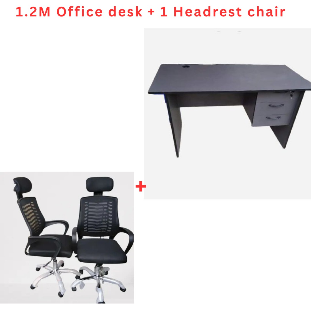 1.2M Gray & Brown Office Desk with 3-Drawer Pedestal & Black Ergonomic Mesh Chair with Adjustable Headrest – Office Workstation Set