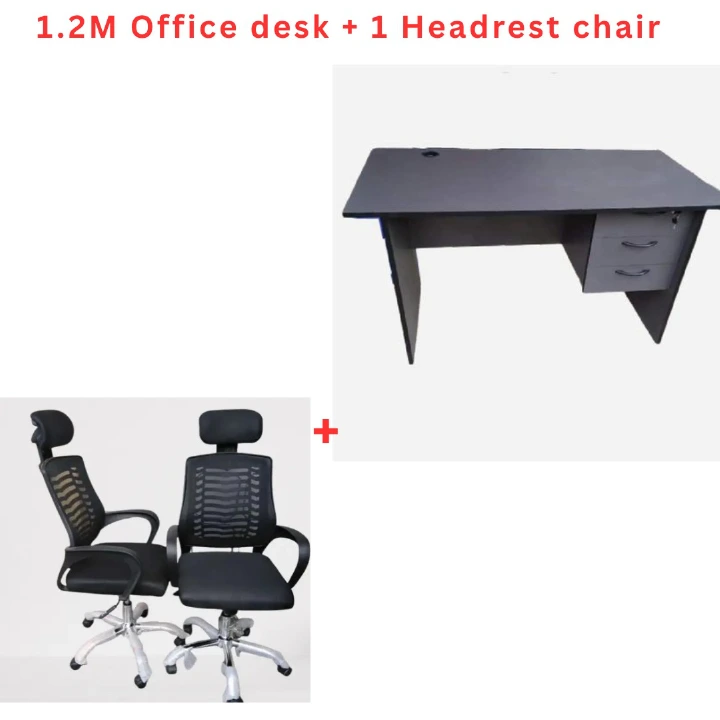 1.2M Gray & Brown Office Desk with 3-Drawer Pedestal & Black Ergonomic Mesh Chair with Adjustable Headrest – Office Workstation Set