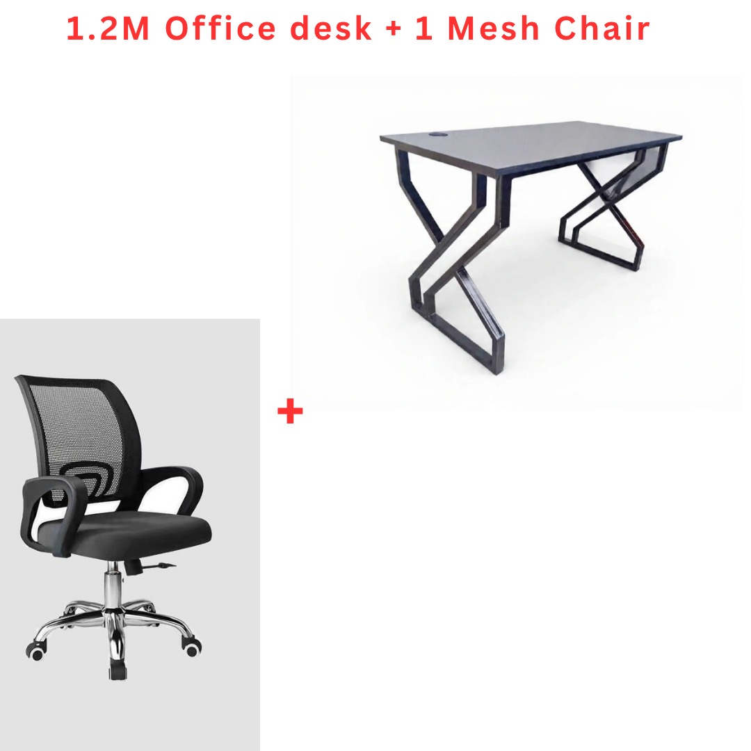 1.2M Gray & Brown Modern Office Desk with Black Mesh Chair – Geometric Metal Frame, Mid-Back Swivel Chair & Wheeled Base Workstation Set