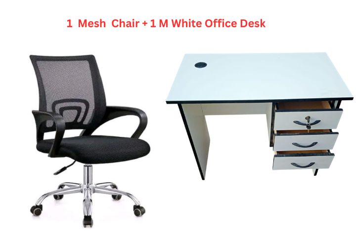 1M Office Desk with 3-Drawer Pedestal & Ergonomic Mesh Office Chair – White/Brown