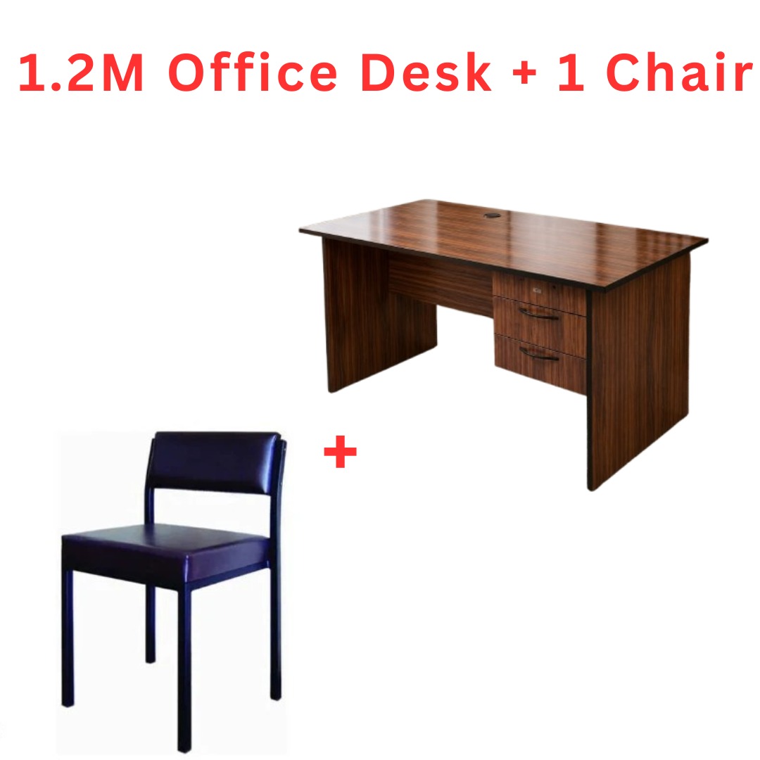 1.2M Modern Office Desk with 3-Drawer Lockable Cabinet & Dark Upholstered Chair – White/Brown