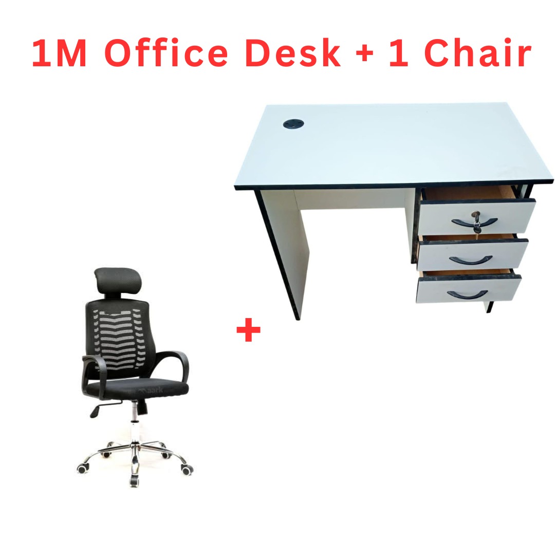 1M Modern Office Desk with 3-Drawer Storage Cabinet & Ergonomic Mesh Chair with Headrest – White/Brown