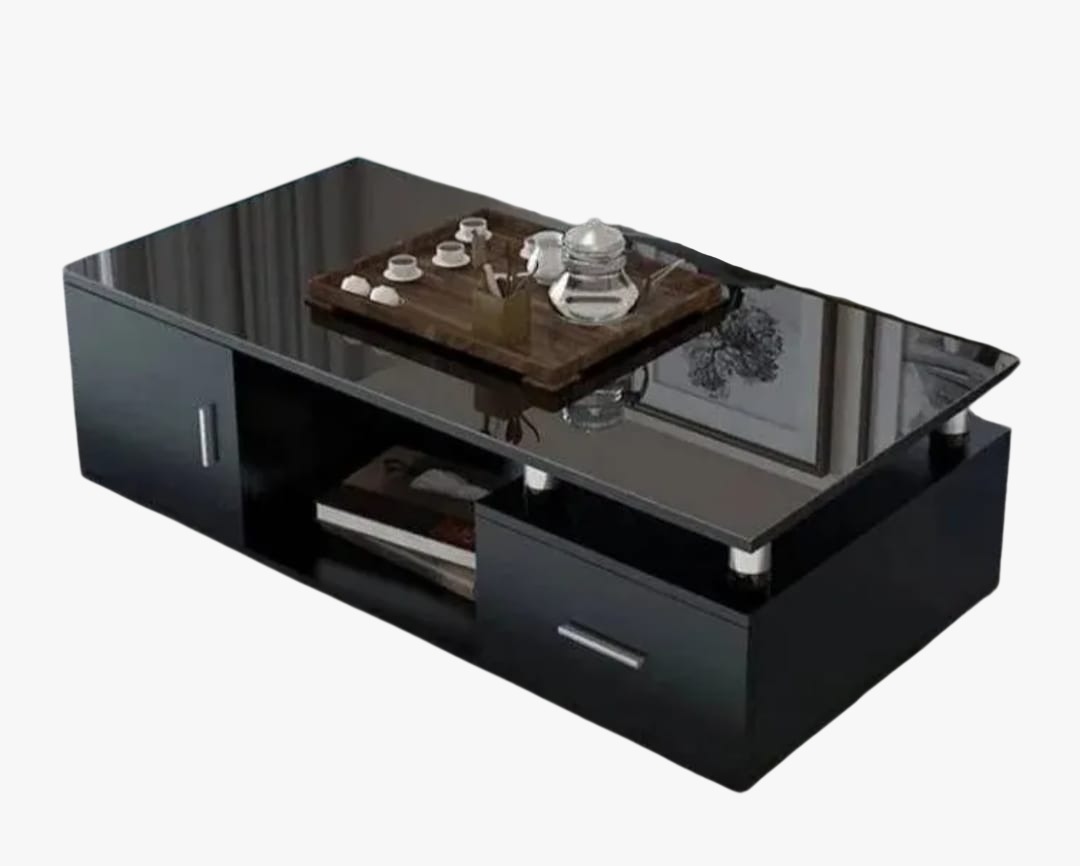 💫 NEW ARRIVAL Modern Black Coffee Table – Glossy Glass Top, Built-In Storage & Sleek Rectangular Design