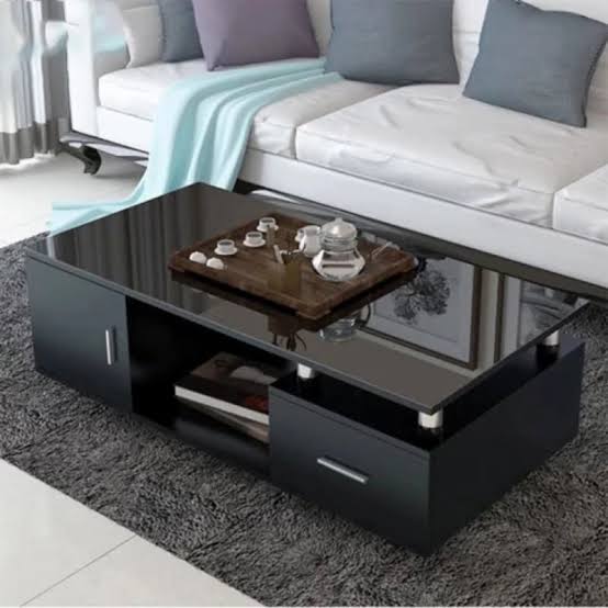 💫 NEW ARRIVAL Modern Black Coffee Table – Glossy Glass Top, Built-In Storage & Sleek Rectangular Design