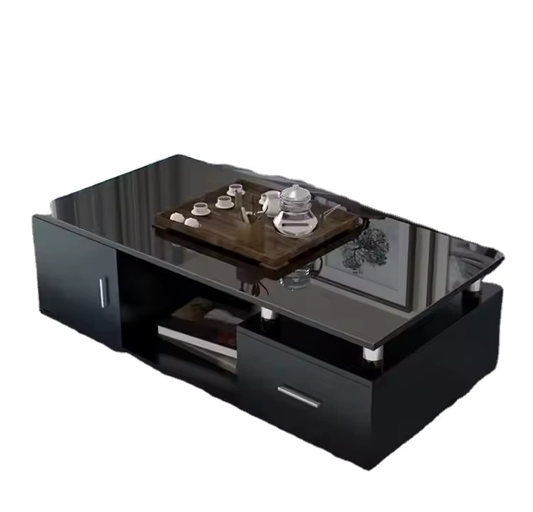 💫 NEW ARRIVAL Modern Black Coffee Table – Glossy Glass Top, Built-In Storage & Sleek Rectangular Design