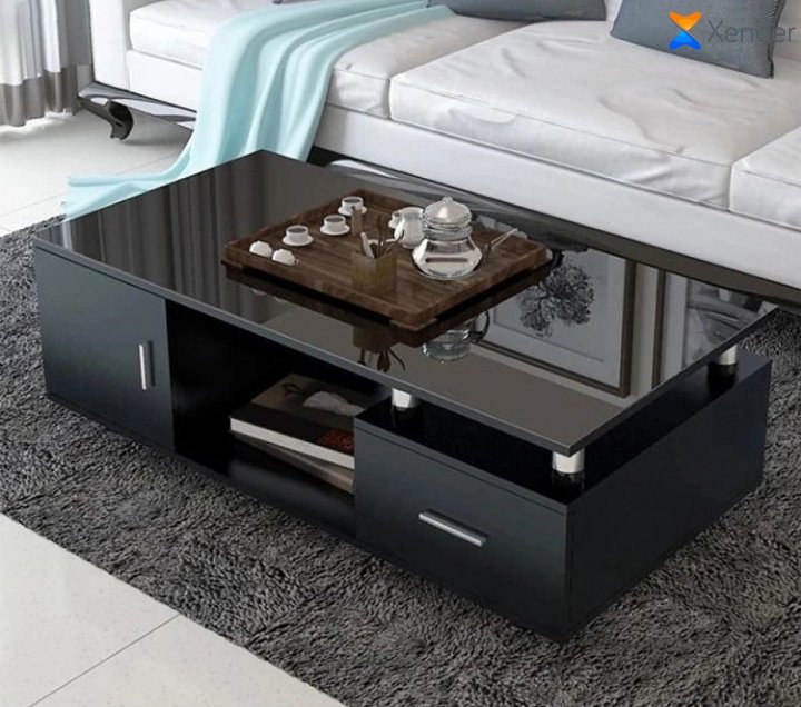 💫 NEW ARRIVAL Modern Black Coffee Table – Glossy Glass Top, Built-In Storage & Sleek Rectangular Design