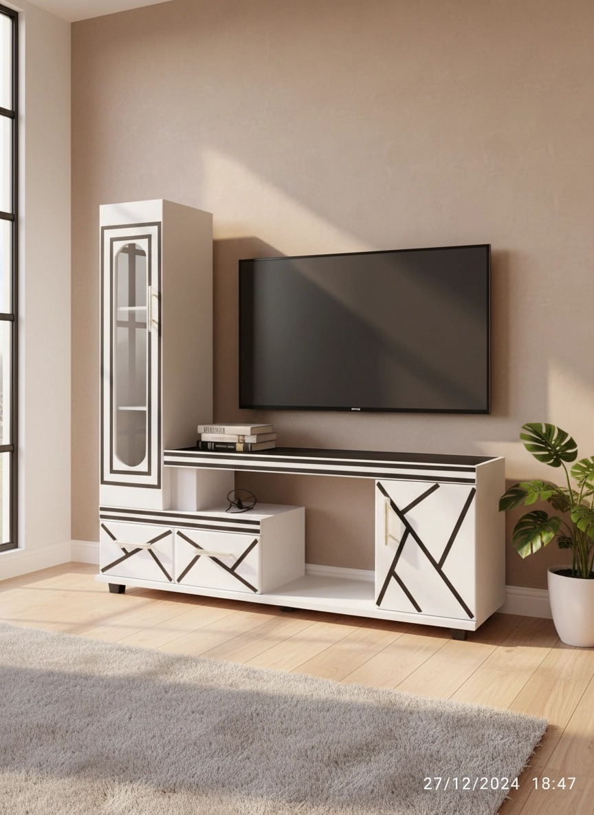 🖤 Refined 5FT Black & White Wooden TV Stand – Glass-Door Side Cabinet, Geometric Accent Lines, Built-In LED Lighting & Storage