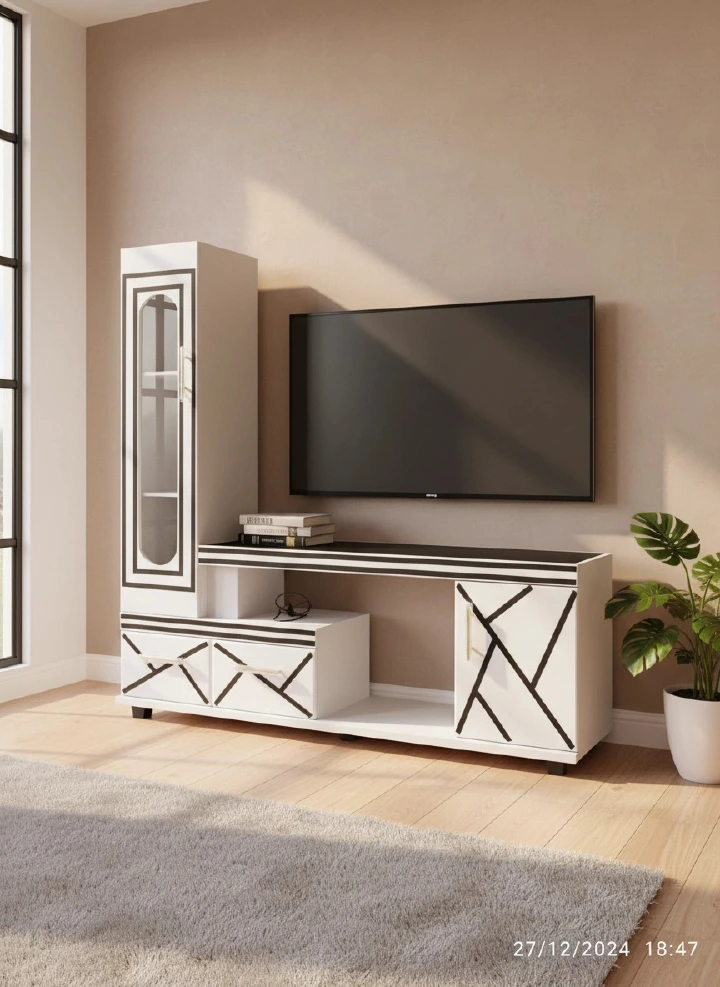 🖤 Refined 5FT Black & White Wooden TV Stand – Glass-Door Side Cabinet, Geometric Accent Lines, Built-In LED Lighting & Storage