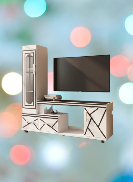 🖤 Refined 5FT Black & White Wooden TV Stand – Glass-Door Side Cabinet, Geometric Accent Lines, Built-In LED Lighting & Storage